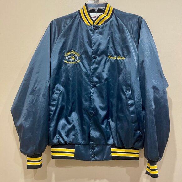 Y2K SATIN VARSITY BOMBER JACKET WESTSTARK TRENDY  SZ L BLUE/YELLOW MADE IN USA - Picture 5 of 16